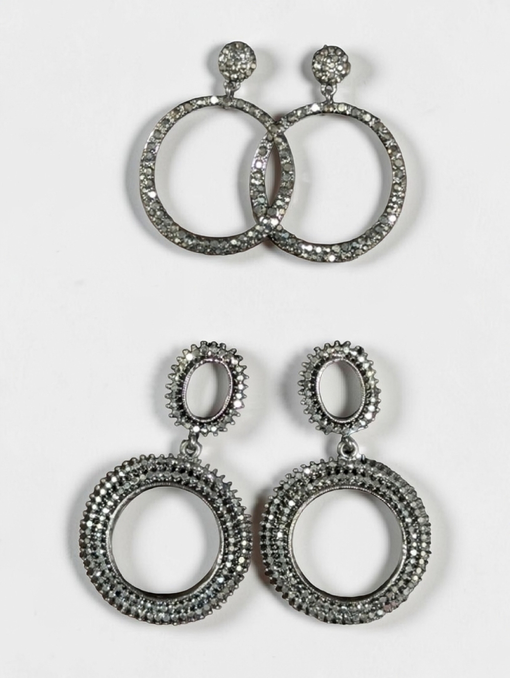 Gunmetal Sparkle Drop Earrings Bundle Rhinestone Hoop & Oval Set 2 Pairs